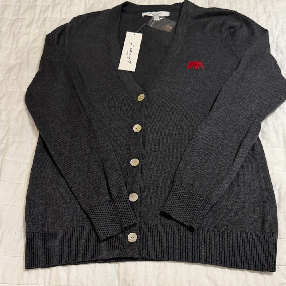 Foxcroft Dark Gray Cardigan with Red Embroidery